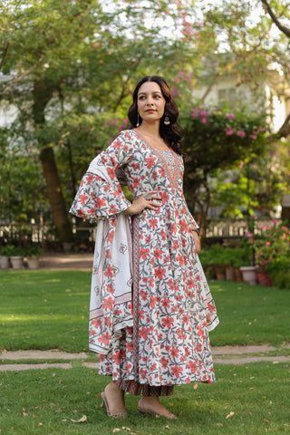 Women's ethnic wear floral cotton kurta with trousers and dupatta