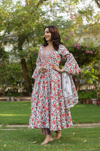 Women's festive floral printed cotton kurta, trousers and dupatta set
