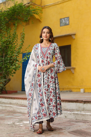 Women's floral printed pure cotton kurta with trousers and dupatta