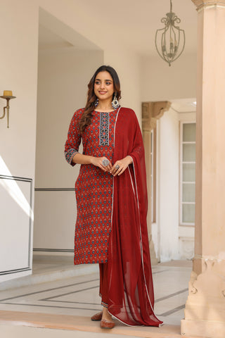 Women's pure cotton kurta set featuring prints, trousers and dupatta