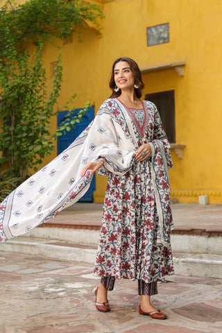 Women's regular fit floral print kurta with trousers and dupatta
