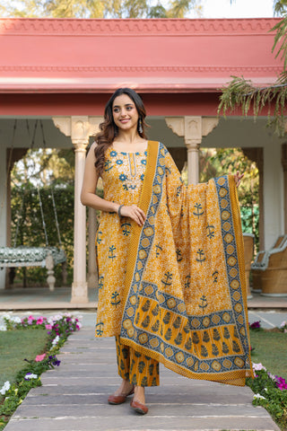 Yellow ethnic motif cotton kurta set