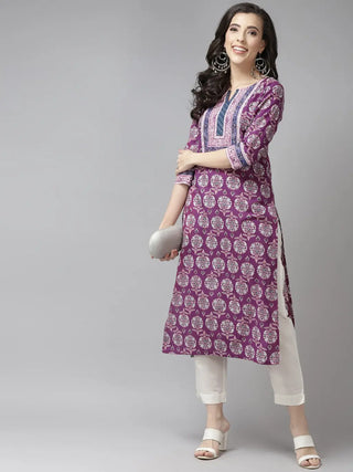 Women Purple & White Pure Cotton Printed Kurta