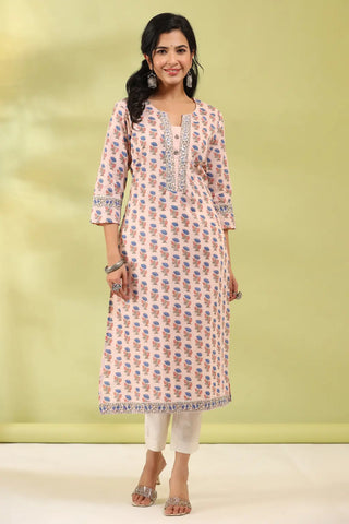 Women Pink and Blue Floral Printed Pure Cotton Kurta