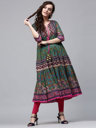 Women Green Printed Pure Cotton Anarkali Kurta