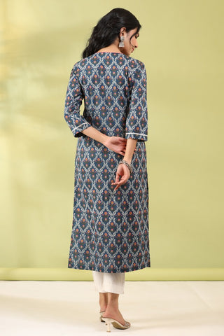 Women Blue Ethnic Printed Gotta Patti Straight Kurta