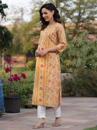 Women Yellow Ethnic Motifs Printed Straight Kurta