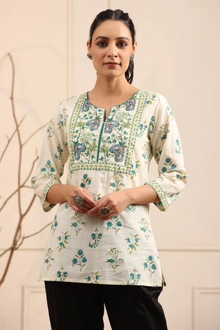 Women Cream and Green Floral Printed Kurti