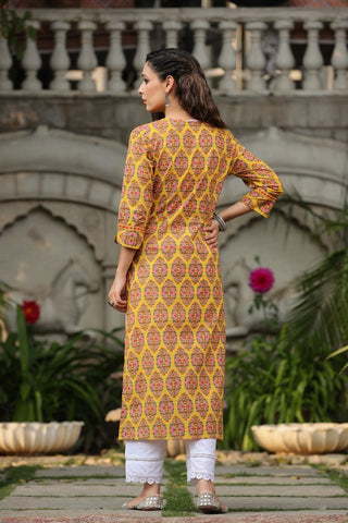 Women Musturd Ethnic Motifs Printed Pure Cotton Kurta