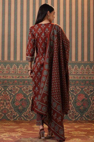 Women Rust Ethnic Printed Pure Cotton Straight Kurta with Palazzos & Dupatta