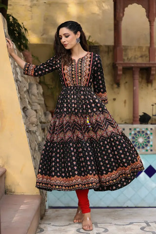 Women Black Ethnic Motifs Printed Anarkali Kurta