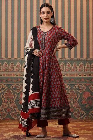 Women Maroon Ethnic Printed Aari Work Cotton Anarkali Kurta Set