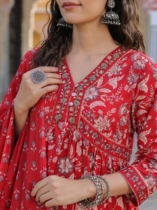 Women Red Floral Printed Empire Line Anakali Kurta With Trouser And Dupatta