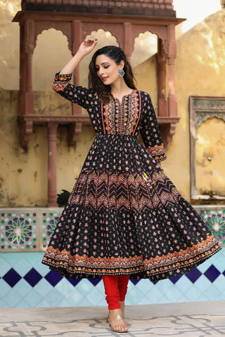 Women Black Ethnic Motifs Printed Anarkali Kurta