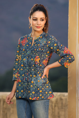 Women Navy Blue Bandhani Printed Aline Cotton Kurti