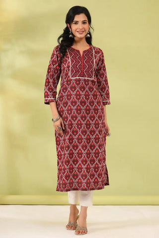 Women Maroon Ethnic Printed Pure Cotton Straight Kurta