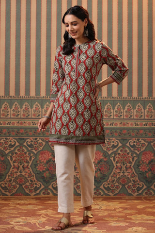 Women Red & Beige Ethnic Printed Pure Cotton Straight Kurti