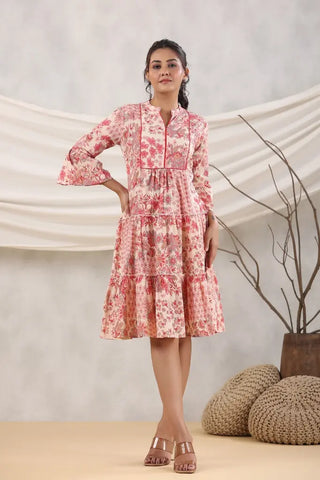 Women Peach Floral Printed Pure Cotton Flared Ethnic Dress