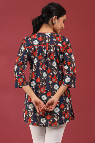 Women Navy Blue & Red Floral A line Sequinned Pure Cotton Kurti