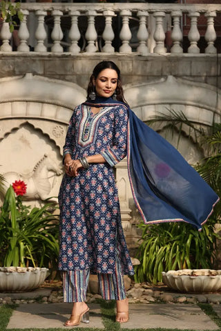 Women Blue Printed Mirror Work Cotton Kurta Set