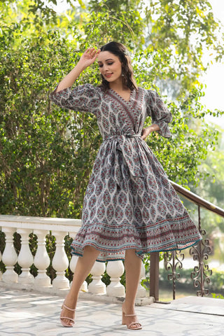 Women Grey Ethnic Motifs Printed Tie Up Pure Cotton Wrap Dress