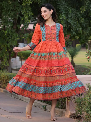 Women Orange Ethnic Motifs Printed Anarkali Kurta