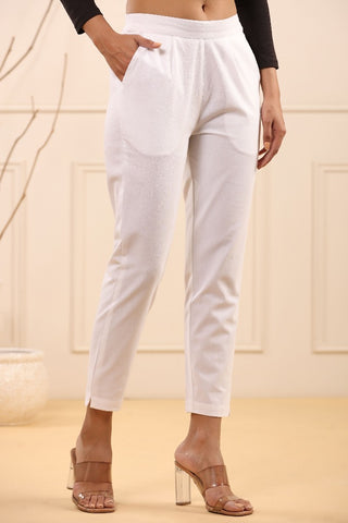 Stylish White Cotton Pleated Cigarette Trousers