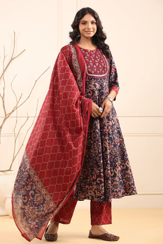 Women Floral Embroidered Pure Cotton Kurta with Trousers and Dupatta