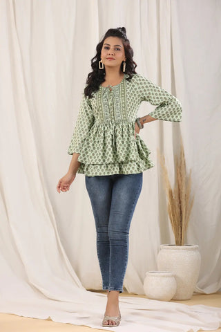 Women Green Ethnic Motifs Printed Tie-Up Neck Peplum Top