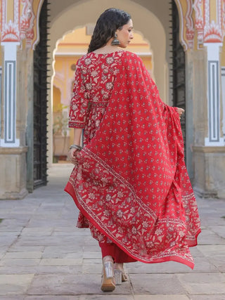 Women Red Floral Printed Empire Line Anakali Kurta With Trouser And Dupatta