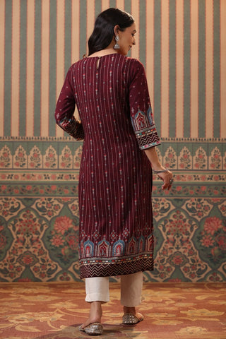 Women Maroon Digital Printed Pure Cotton Straight Kurta