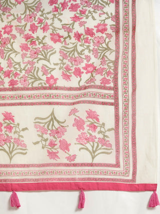 Women Pink Floral Printed Cotton Kurta with Trousers and Printed Dupatta