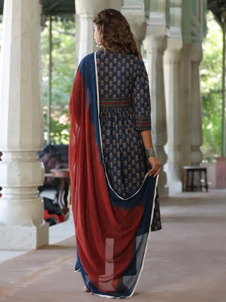 Women Navy Blue Ethnic Motifs Printed Empire Design Anarkali Kurta With Printed Trouser & Dupatta