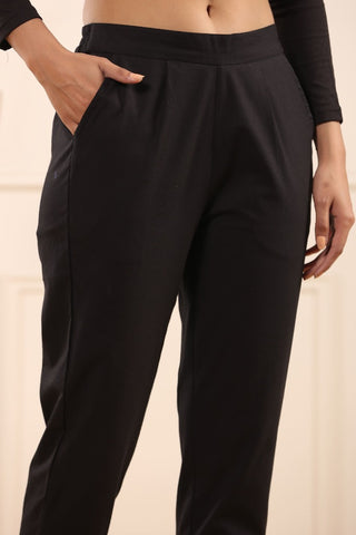 Stylish Black Cotton Pleated Cigarette Trousers