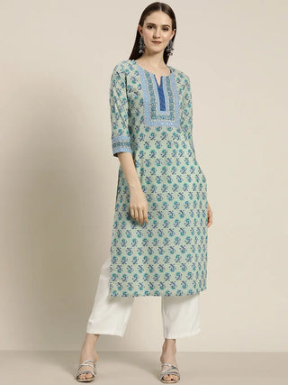 Women Green & Blue Floral Printed Straight Kurta