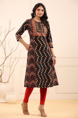 Women Black Ethnic Motifs Printed Cotton Straight Kurta