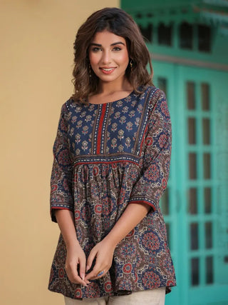 Women Blue Ethnic Motifs Printed A-line Kurti, Round Neck