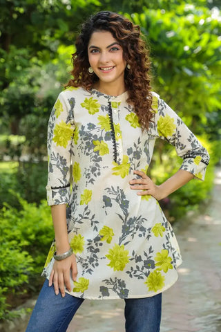 Cream & Green Floral Lace Kurti