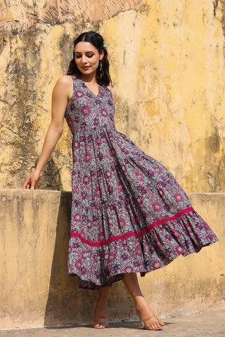 Women Wine Printed Pure Cotton Flared Ethnic Dress