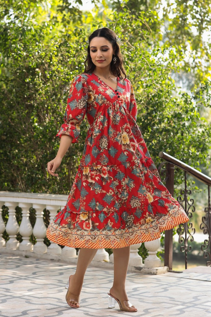 Women Red Ethnic Floral Printed Pure Cotton Knee Length A Line Midi Dr Rain & Rainbow Women Red Ethnic Floral Printed Pure Cotton Knee Length A Line Midi Dr Rain & Rainbow