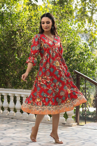 Women Red Ethnic Floral Printed Pure Cotton Knee Length A Line Midi Dress