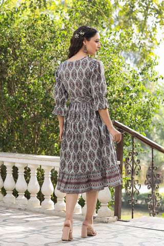 grey ethnic dress Grey & White Ethnic Motifs Embroidered V-Neck Chikankari Detailed Empire Midi Ethnic Dress