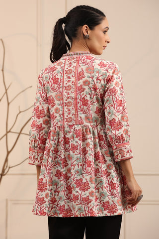 Women Cream and Pink Floral Print A-Line Kurti