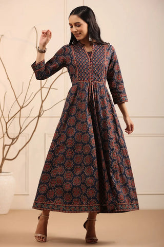 Women Blue Ethnic Motifs Printed Pure Cotton Anarkali Kurta