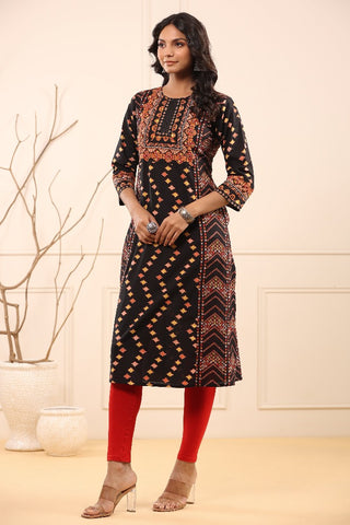 Women Black Ethnic Motifs Printed Cotton Straight Kurta