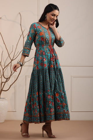 Women Green & Red Ethnic Pure Cotton A-Line Long Dress