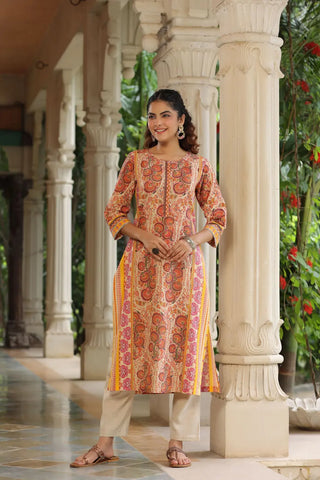 Women Beige Cotton Kurta with Ethnic Print