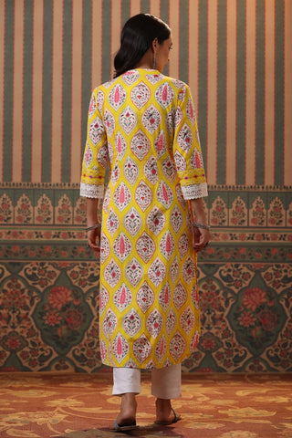 Women Yellow Ethnic Motifs Printed Cotton Straight Kurta