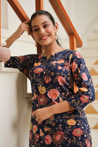 Women Navy Blue Floral Printed Pure Cotton Kurta with Trousers