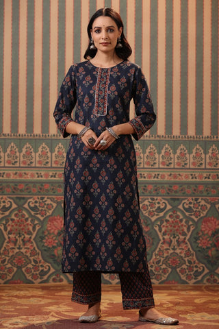 Women Blue Ethnic Printed Pure Cotton Kurta Set